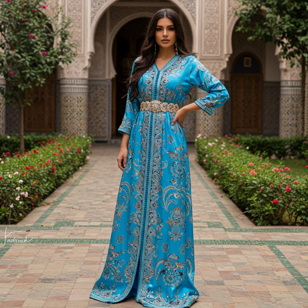Woman wearing a royal blue Moroccan caftan dress with silver embroidery in a traditional courtyard.
